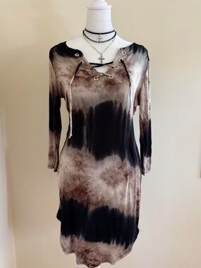 Vintage Y2K grommet lace up dress black brown tie dye boho grunge mcbling S-M